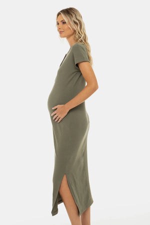 Bawełniana prążkowana sukienka ciążowa i do karmienia – khaki