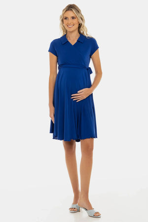 Zwiewna sukienka ciążowa i do karmienia kopertowa – niebieska