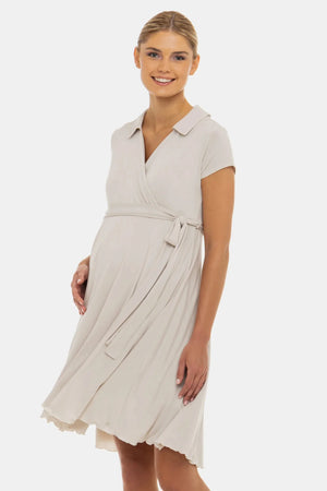 Ефирна рокля за бременни и кърмачки с прехвърляне - бежова