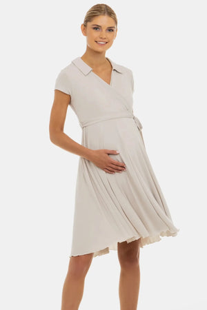 Ефирна рокля за бременни и кърмачки с прехвърляне - бежова