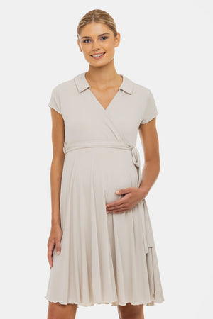 Ефирна рокля за бременни и кърмачки с прехвърляне - бежова