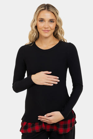 Czarna bluzka ciążowa i do karmienia z kraciastymi elementami