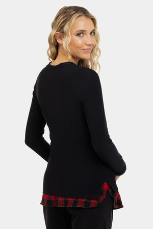 Czarna bluzka ciążowa i do karmienia z kraciastymi elementami