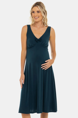 Zwiewna sukienka ciążowa z marszczeniami i kokardą - turkusowa