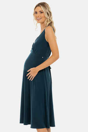 Zwiewna sukienka ciążowa z marszczeniami i kokardą - turkusowa