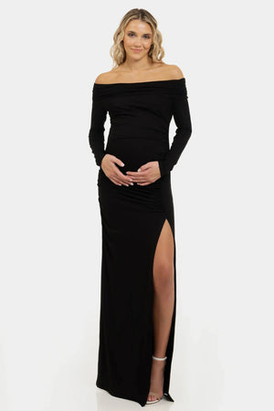 Długa elegancka sukienka z odkrytymi ramionami w kolorze czarnym