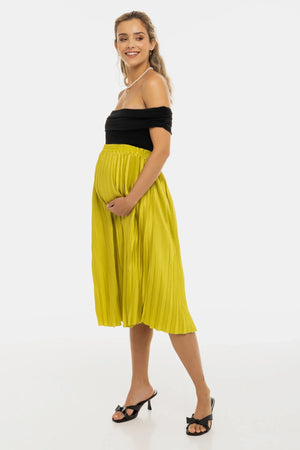 Plisowana satynowa spódnica ciążowa - limonkowa