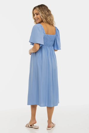 Letnia sukienka ciążowa z marszczeniem z tyłu - niebieska