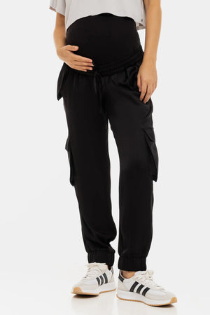 Satynowe spodnie cargo ciążowe – czarne