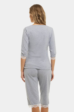 Bawełniana szara piżama ciążowa i do karmienia z koronką