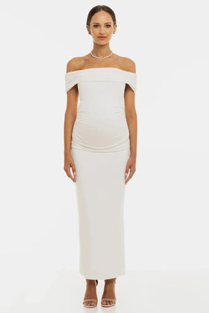 Długa suknia ślubna z marszczeniami – ecru