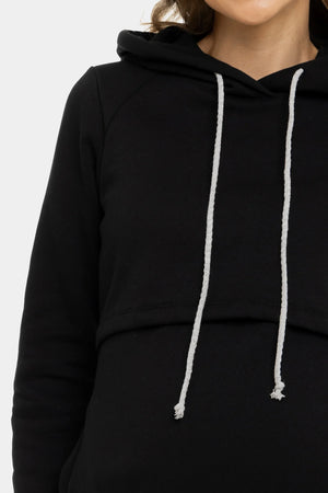 Bawełniany sweatshirt ciążowy i do karmienia z kapturem - czarny