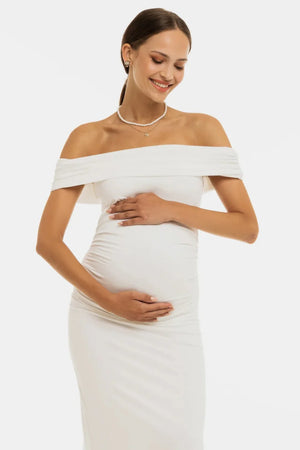 Długa suknia ślubna z marszczeniami – ecru