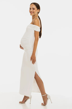 Długa suknia ślubna z marszczeniami – ecru