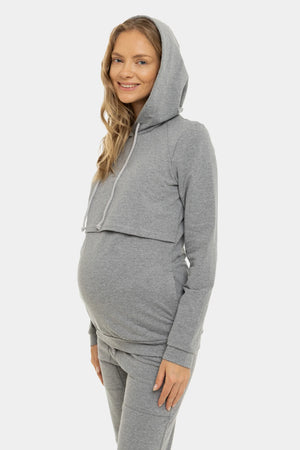 Bawełniany sweatshirt ciążowy i do karmienia z kapturem - szary
