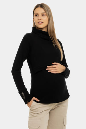 Czarny bawełniany sweter ciążowy i do karmienia z golfem.