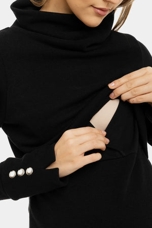 Czarny bawełniany sweter ciążowy i do karmienia z golfem.