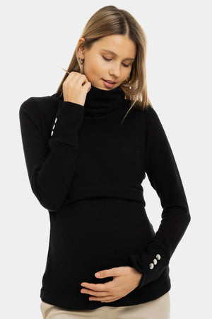Czarny bawełniany sweter ciążowy i do karmienia z golfem.