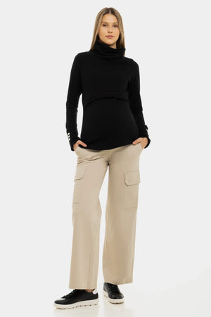 Szerokie beżowe bawełniane spodnie ciążowe