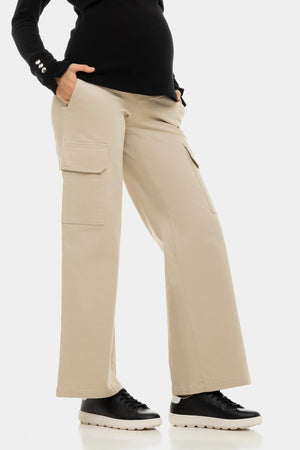 Szerokie beżowe bawełniane spodnie ciążowe