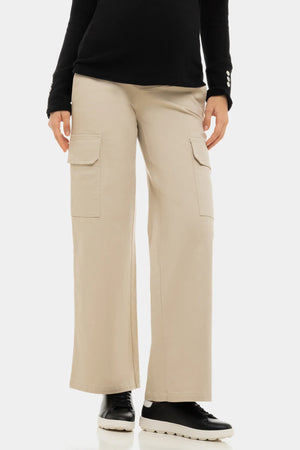 Szerokie beżowe bawełniane spodnie ciążowe