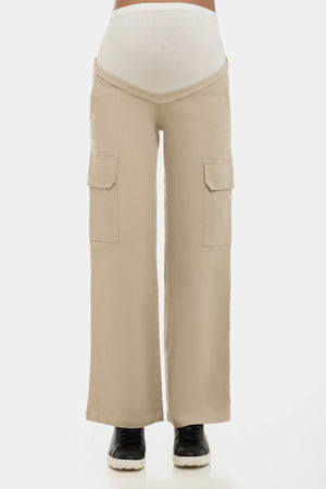 Szerokie beżowe bawełniane spodnie ciążowe