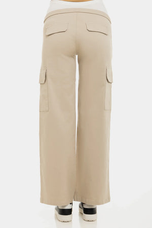 Szerokie beżowe bawełniane spodnie ciążowe