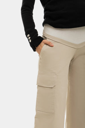 Szerokie beżowe bawełniane spodnie ciążowe