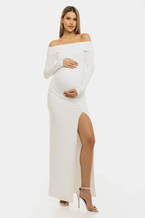 Długa ślubna sukienka z odkrytymi ramionami - ekri