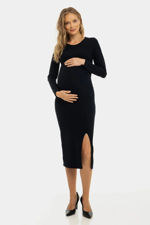 Długa sukienka ciążowa z rozcięciem - granatowa