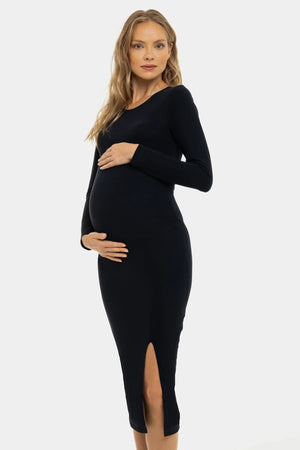 Długa sukienka ciążowa z rozcięciem - granatowa