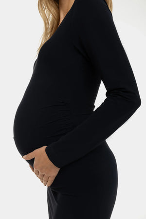 Długa sukienka ciążowa z rozcięciem - granatowa