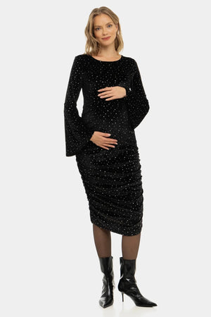 Błyszcząca welurowa sukienka z marszczeniami - czarna