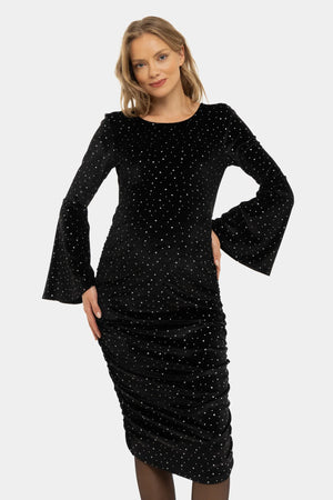 Błyszcząca welurowa sukienka z marszczeniami - czarna