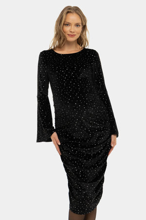 Błyszcząca welurowa sukienka z marszczeniami - czarna