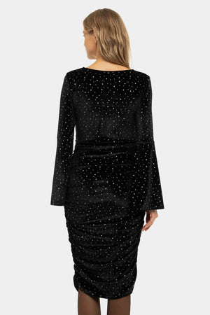 Błyszcząca welurowa sukienka z marszczeniami - czarna