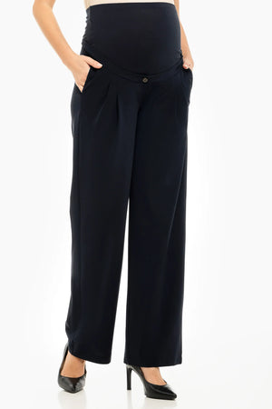 Rozkloszowane elastyczne spodnie ciążowe z zakładkami – granatowe