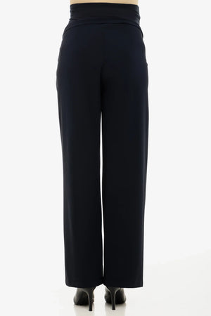 Granatowe, rozkloszowane spodnie ciążowe z zakładkami