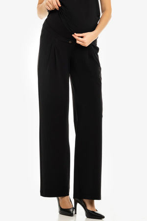 Rozkloszowane elastyczne spodnie ciążowe z zakładkami – czarne