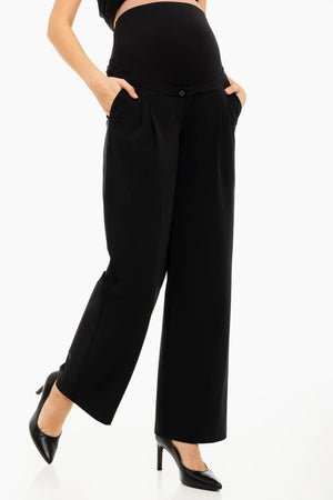 Rozkloszowane spodnie ciążowe z plisami - czarne