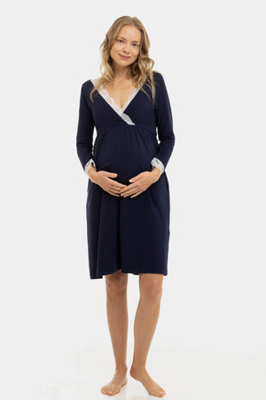 Bawełniana koszula nocna ciążowa i do karmienia z rękawami ⅞ - granatowa
