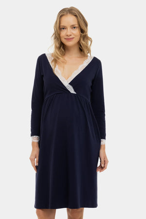 Bawełniana koszula nocna ciążowa i do karmienia z rękawami ⅞ - granatowa