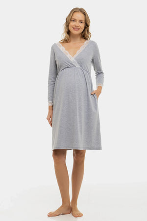 Bawełniana koszula nocna ciążowa i do karmienia z rękawami ⅞ - szara