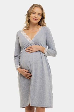 Bawełniana koszula nocna ciążowa i do karmienia z rękawami ⅞ - szara