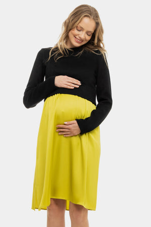 Satynowa sukienka z swetrem ciążowa i do karmienia – cytrynowa