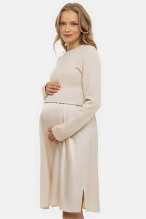 Satynowa sukienka z swetrem ciążowa i do karmienia – beżowa