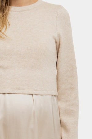 Satynowa sukienka z swetrem ciążowa i do karmienia – beżowa