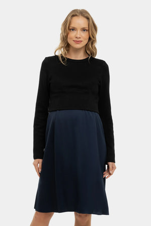 Granatowa satynowa sukienka z swetrem ciążowa i do karmienia