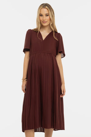 Plisowana elegancka sukienka ciążowa – brązowa