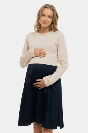 Satynowa sukienka z swetrem ciążowa i do karmienia – granatowa